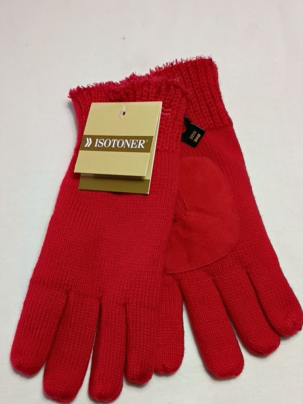 NWT Isotoner Red Knit Gloves with Suede Palm Patch Women's One Size Winter - Picture 1 of 7